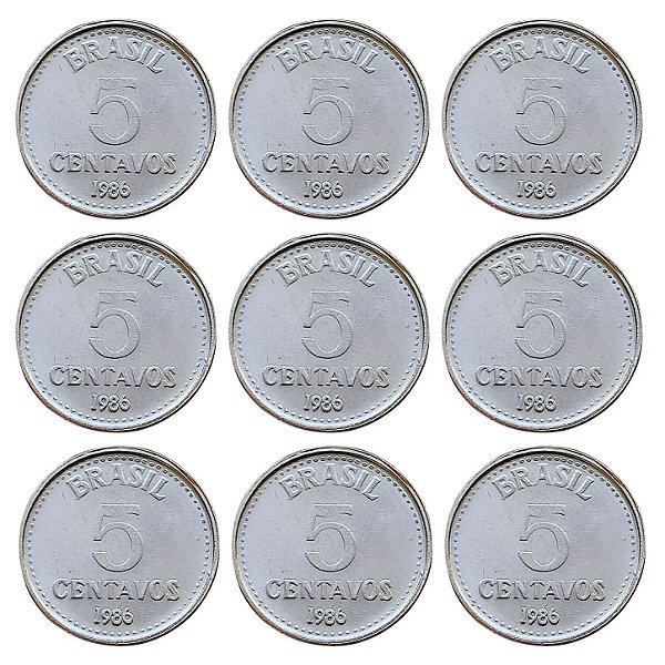 Promoção - 09 Moedas de 5 Centavos 1986 - V-383 - Aço Inox - Flor de Cunho