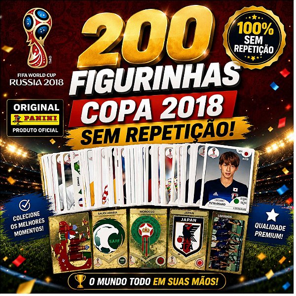 Copa 2018 - KIT COM 200 FIGURINHAS NORMAIS SEM REPETIÇÃO