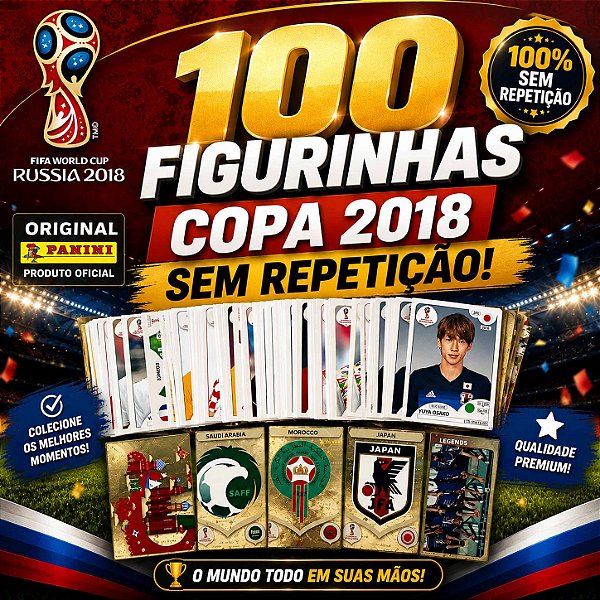 Copa 2018 - KIT COM 100 FIGURINHAS NORMAIS SEM REPETIÇÃO