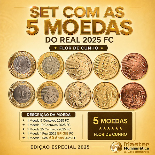 Lançamento - Set com 5 Moedas de 2025 - 5, 10, 25 Centavos + 1 Real Efigie + 1 Real 60 anos do Banco Central - Flor de Cunho