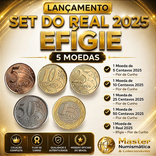 Lançamento - Set do Real 2025 Efigie - 5 Moedas - Flor de Cunho
