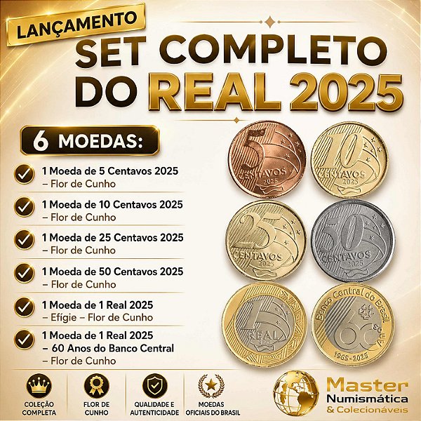 Lançamento - Set do Real 2025 Efigie + Comemorativa - 6 Moedas - Flor de Cunho