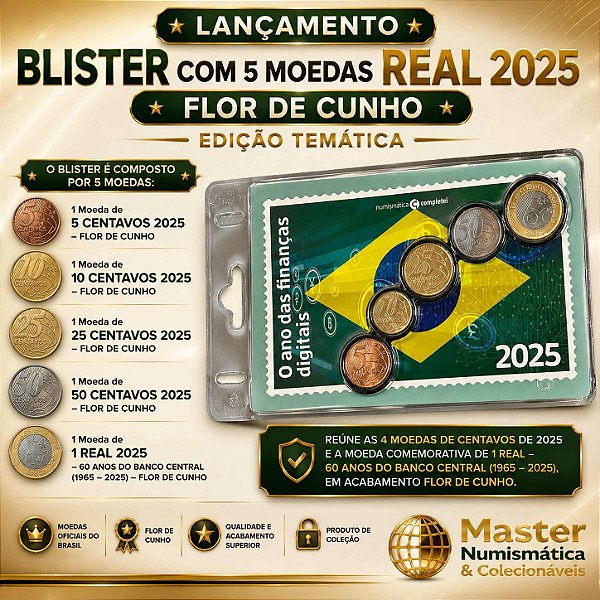 Lançamento - Blister Temático com a Série do Real 2025 - 5 Moedas - Flor de Cunho