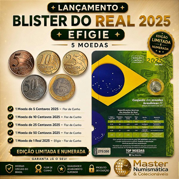 Lançamento - Blister numerado com a Série do Real 2025 - 5 Moedas - Ed. Limitada - Flor de Cunho