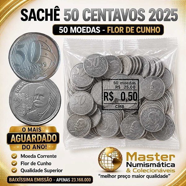 Lançamento - Sache 50 Centavos 2025 - 50 Moedas - Flor de Cunho - Pré venda