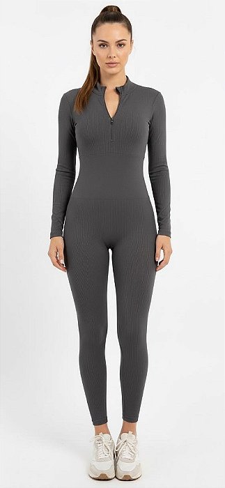 Macacão Fitness Manga Longa Canelado com Zíper