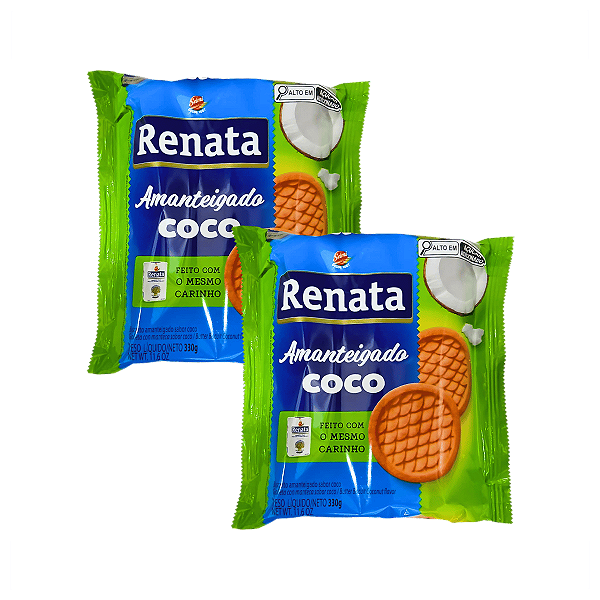 Biscoito Amanteigado Sabor Coco 330g Renata - Kit 2 Unidades