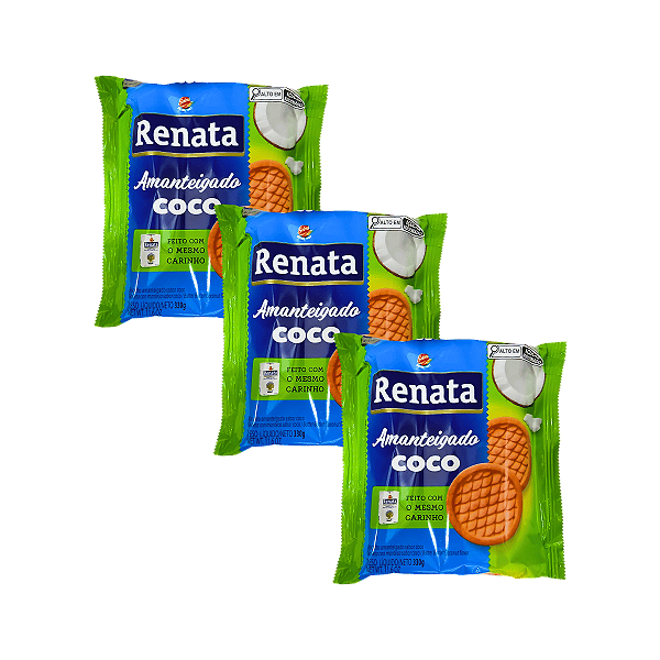 Biscoito Amanteigado Sabor Coco 330g - Kit 3 Unidades