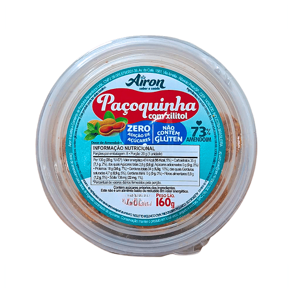 PAÇOQUINHA ZERO COM XYLITOL S/ GLUTEN S/ LACTOSE 160G AIRON