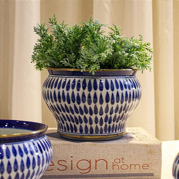 Cachepot em Porcelana Azul e Branca Golden Thai Drops Grande D19cm x A13cm