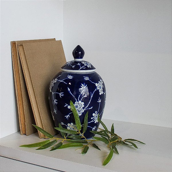 Potiche em Porcelana Azul e Branca Importado D16cm x A20cm