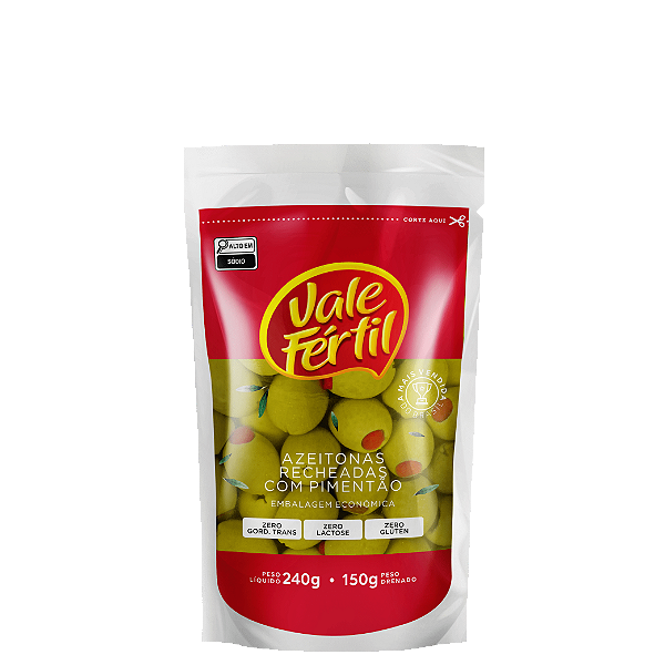AZEITONAS VERDE RECHEADAS COM PIMENTÃO SACHÊ 150G VALE FÉRTIL.