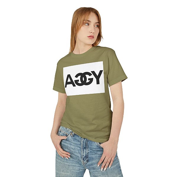 Camiseta básica feminina de algodão peruano interlock verde  exército "desbotado"