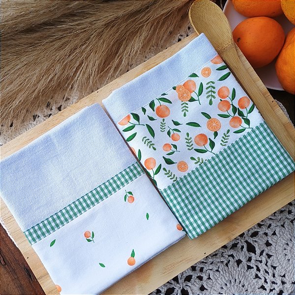 Kit com 2 Panos de Prato - Laranjinha + Xadrez Verde