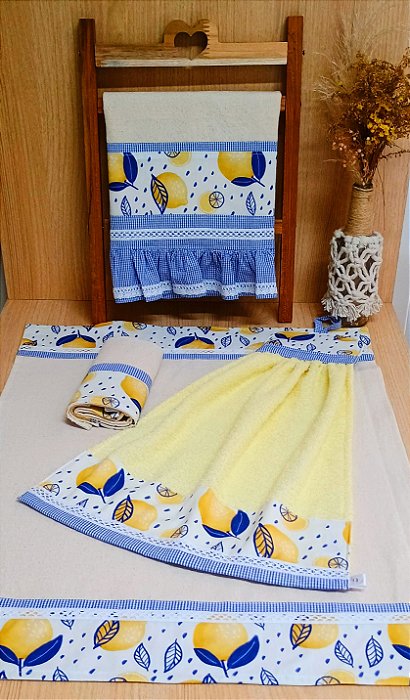 Kit de Cozinha 4 Peças – Estampa Limão (Toalha Multifuncional + Bate-Mão + 2 Panos de Prato)