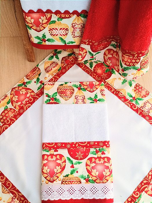 Kit Natalino com 4peças - Toalha de Chá, Pano de Copa e Bate Mão