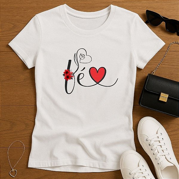 Baby Look Feminina Cristã Branca Fé e Coração