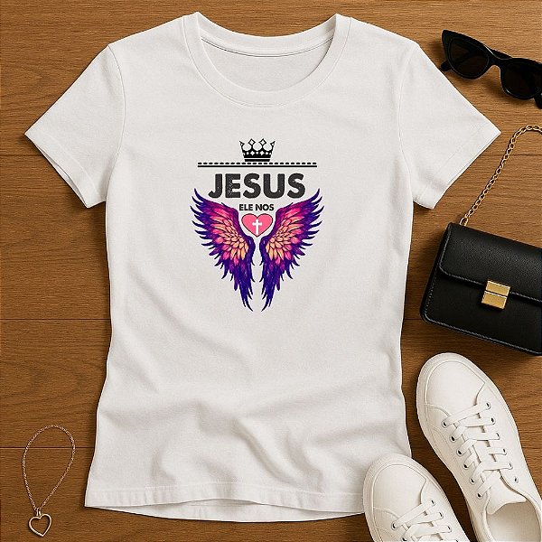 Baby Look Feminina Cristã Branca Jesus Asas