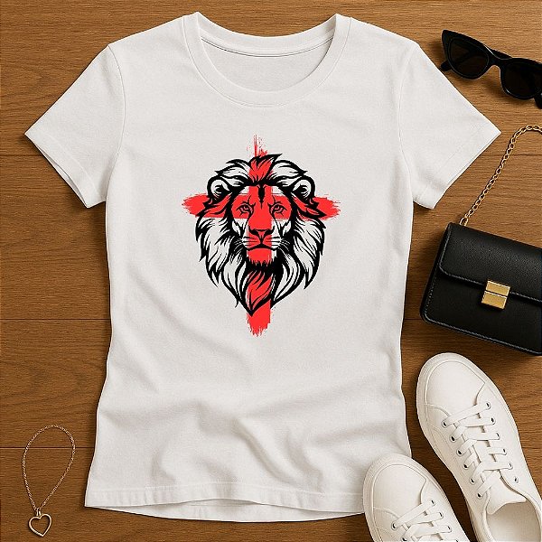 Baby Look Feminina Cristã Branca Leão Cruz Vermelha