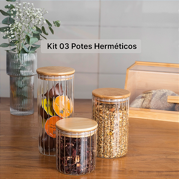 Kit 03 Potes Herméticos em Vidro Canelado com Tampa de Bambu 500ml, 800ml e 1100ml