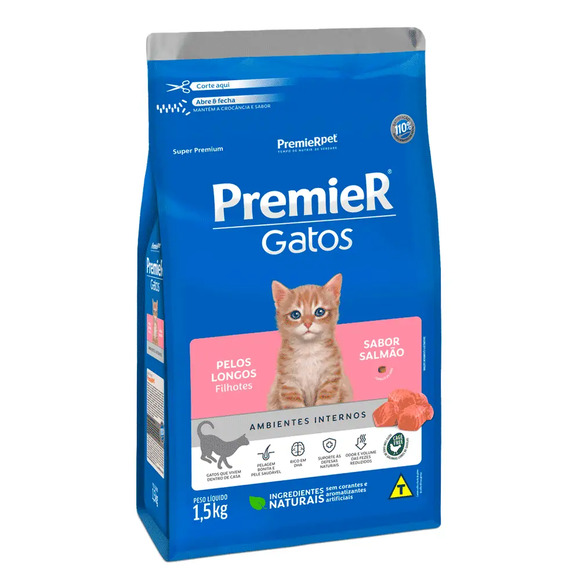 Ração Premier Ambientes Internos Gatos Filhotes Pelos Longos 1,5 kg