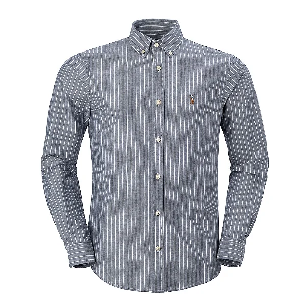 Camisa Ralph Lauren Masculina Oxford Custom Fit Striped Shirt Cor Cinza
