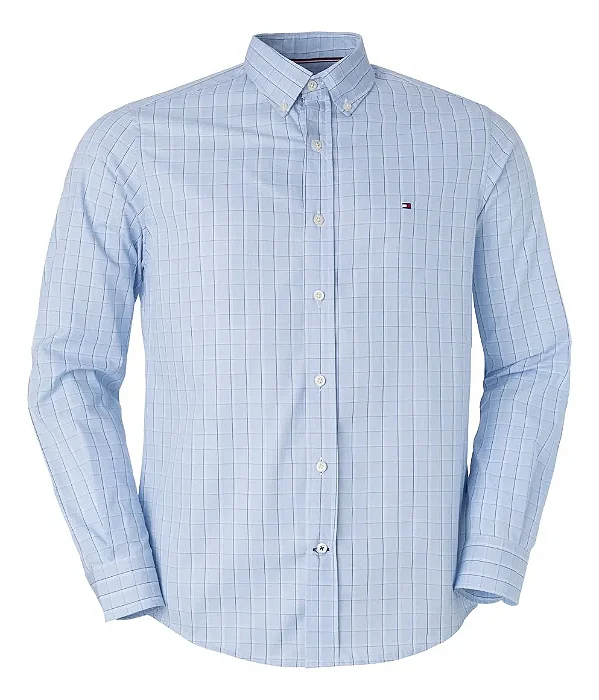 Camisa Tommy Hilfiger Masculina Xadrez Azul Claro