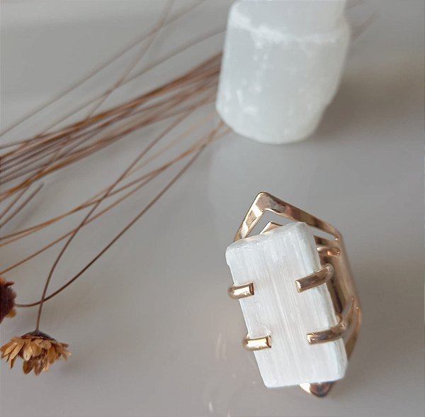 Anel drusa de Selenita – Limpeza Energética, Purificação, Proteção - banho dourado