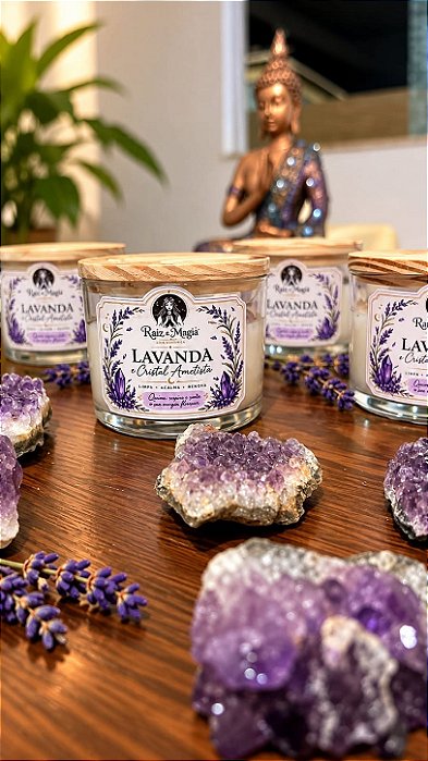 Vela de lavanda com Ametista - conexão, equilíbrio e relaxamento