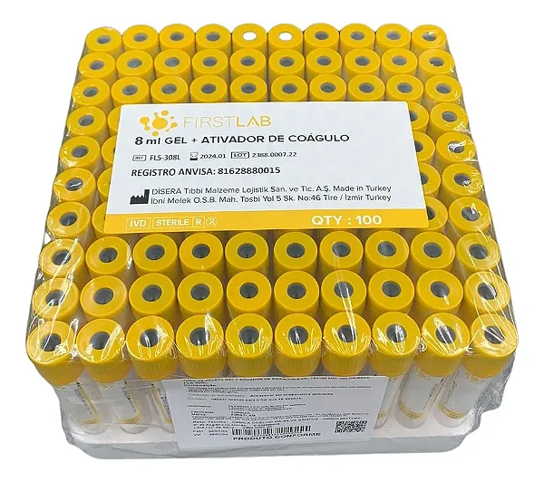 TUBO DE COLETA GEL SEPARADOR ATIVADOR DE COAGULO 8ML 16X100MM - RACK/100 - FIRSTLAB