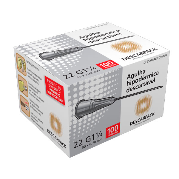 AGULHA HIPODERMICA 0,70X30MM 22G 1/4 CINZA - CX/100 - DESCARPACK