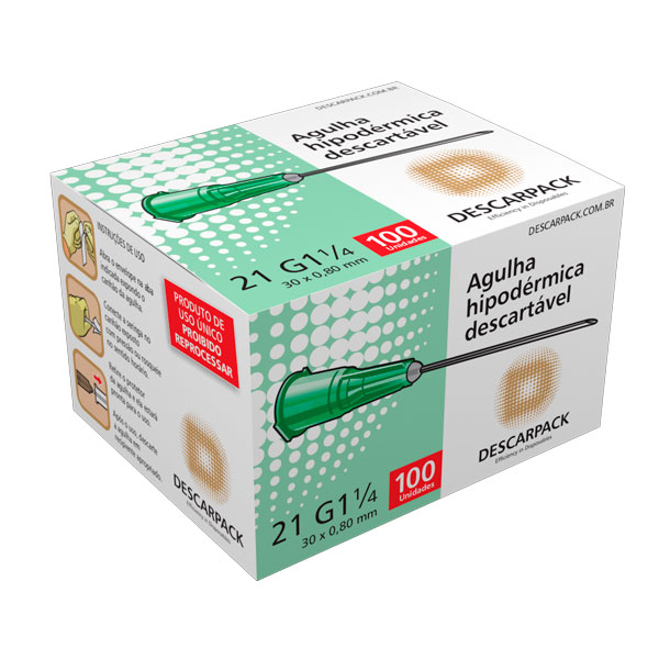AGULHA HIPODERMICA 0,80X30MM 21G 1/4 VERDE - CX/100 - DESCARPACK
