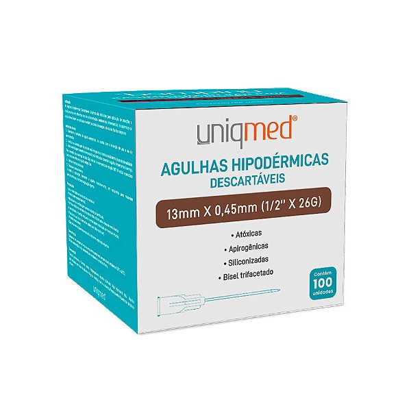 AGULHA HIPODERMICA 26G 13MM X 0,45MM - CX/100 - UNIQMED