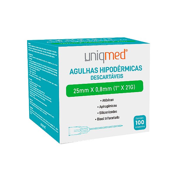 AGULHA HIPODERMICA 21G 25MMX 0,80MM - CX/100 - UNIQMED