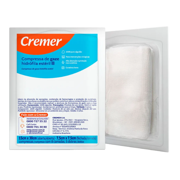 COMPRESSA DE GAZE ESTERIL 11 FIOS 7,5X7,5CM - PCT/10 - CREMER
