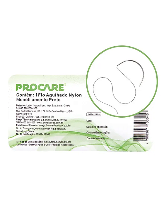 FIO DE SUTURA AGULHADO DE NYLON 6.0 3/8 25MM - CX/24 - PROCARE