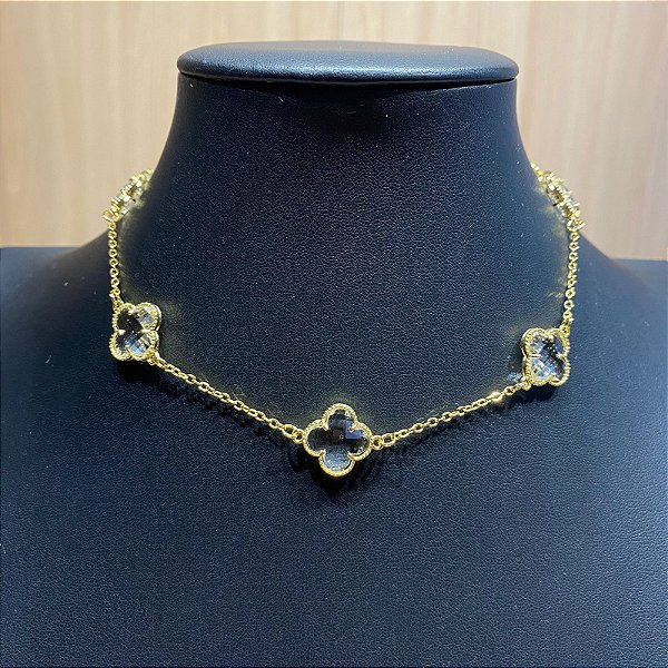 Colar Choker Trevo Dourado Pedra Transparente