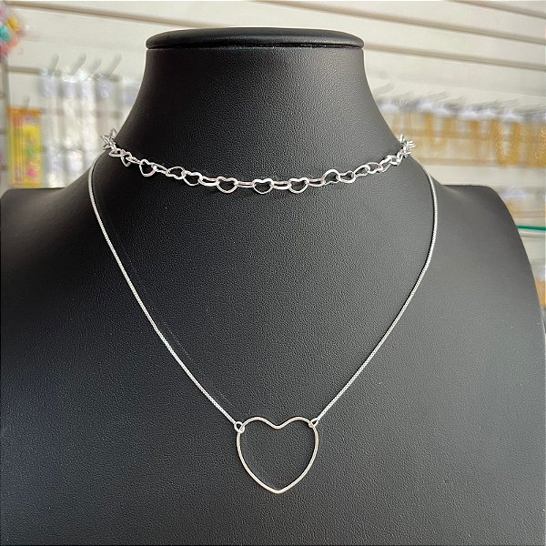 Colar Choker Prata Coração Duplo