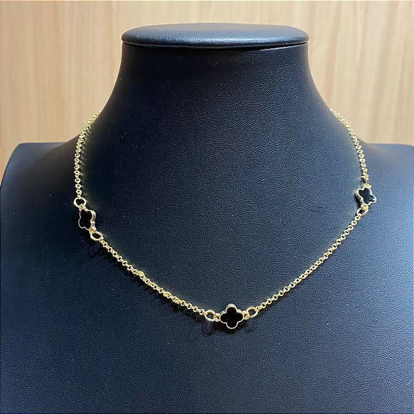 Colar Choker Trevo P Dourado/Preto