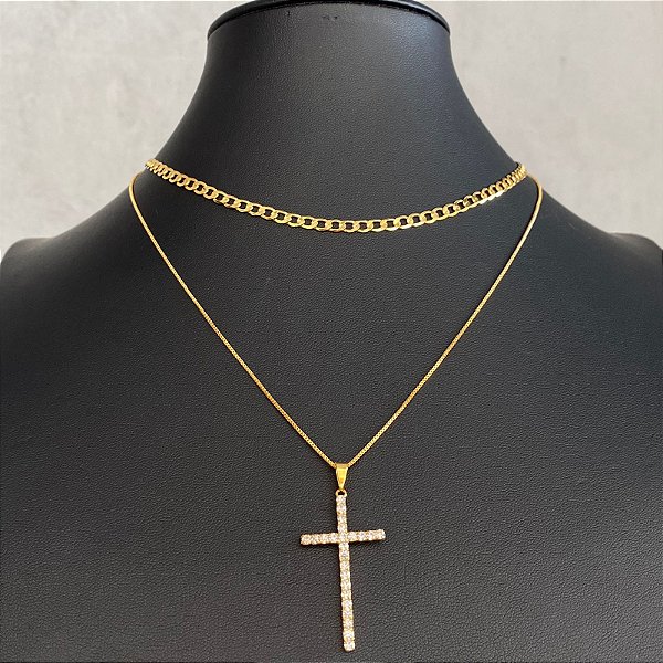 Colar Choker Dourado Duplo Corrente/Cruz