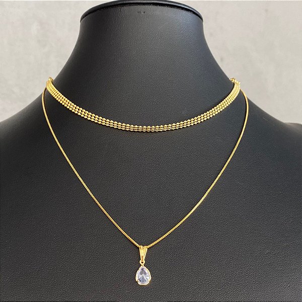 Colar Choker Dourado Duplo Fita/Pingente
