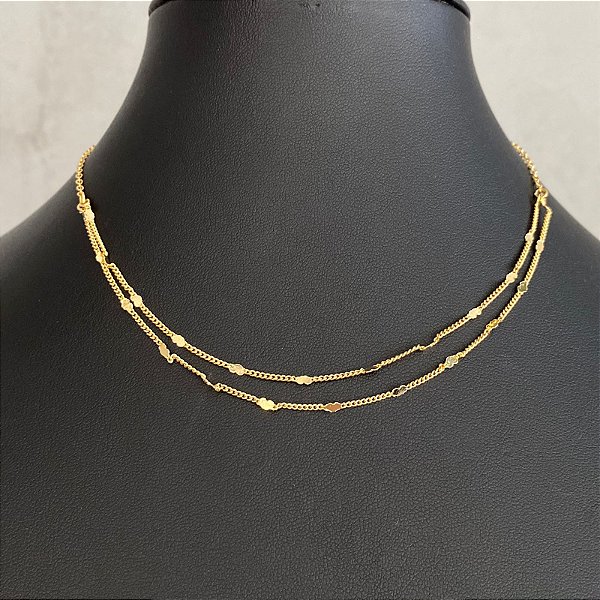 Colar Choker Dourado Duplo Coraçãozinho