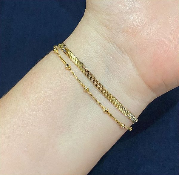 Pulseira Dupla Fita/Bolinha Dourada