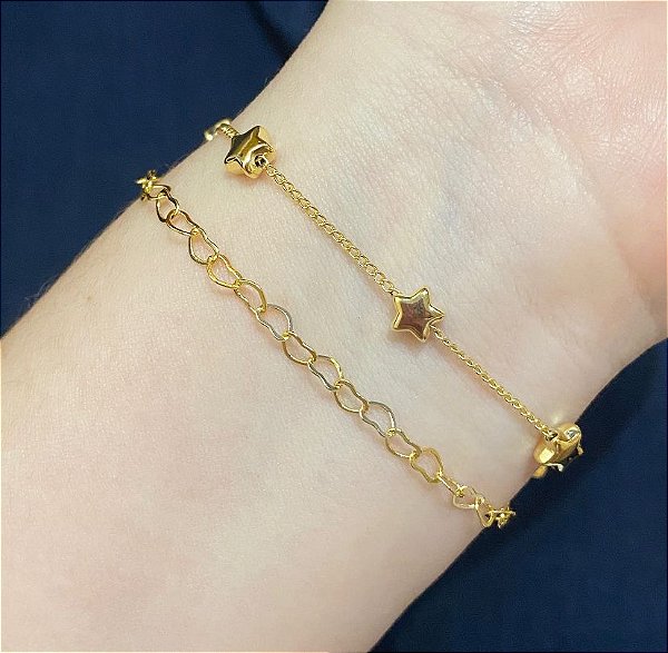 Pulseira Dupla Coração/Estrela Dourada