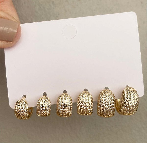 Kit 3 Argolas Cravejado Luxo Prata/Dourado
