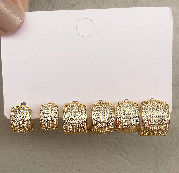 Kit 3 Argolas Cravejado Luxo Prata/Dourado