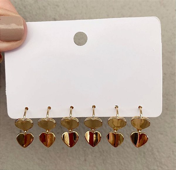 Kit 3 Brincos Argola Coração Duplo Prata/Dourado