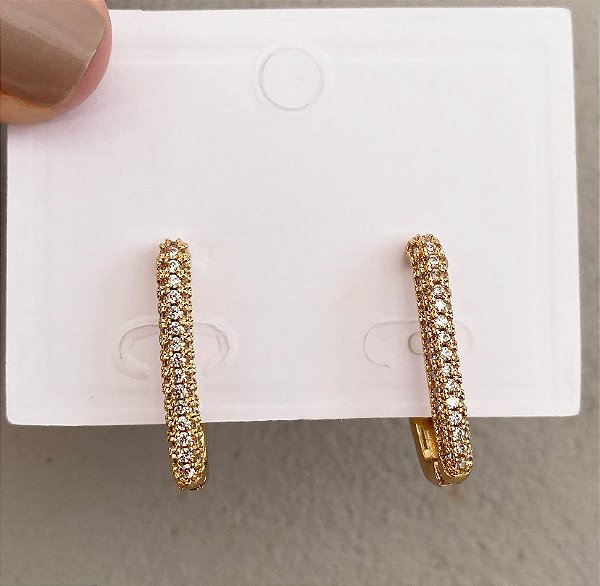 Argola Click Retangular Cravejado Prata/Dourado