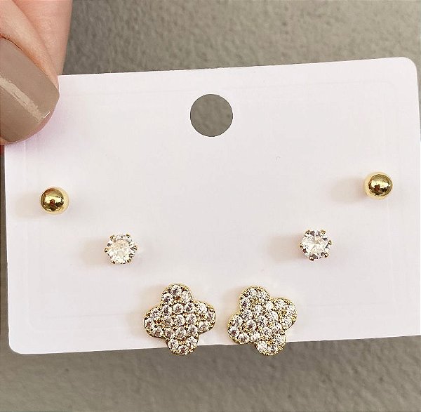 Kit 3 Brincos Trevo Cravejados Prata/Dourado
