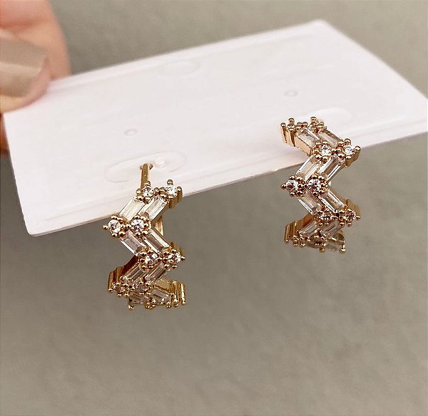 Brincos Argola Luxo Zig Zag Cravejado Prata/Dourado